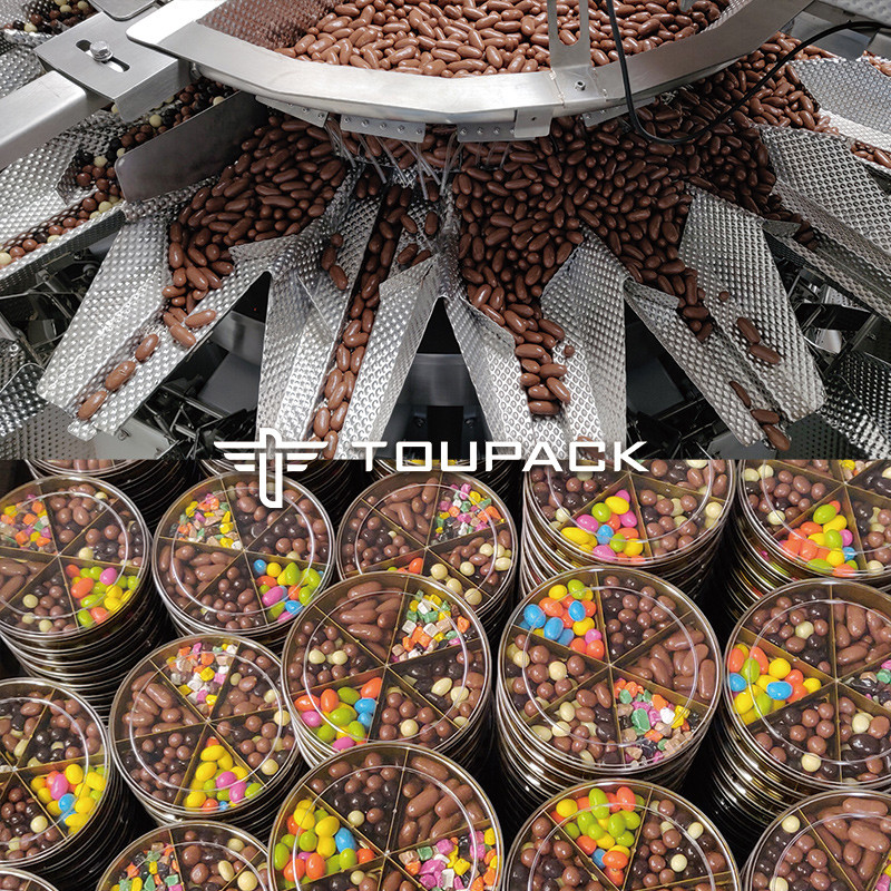 自動混合チョコレートパッケージング 蓋とラベルラインと詰め込み機械 ナッツスナックパッケージングマシン