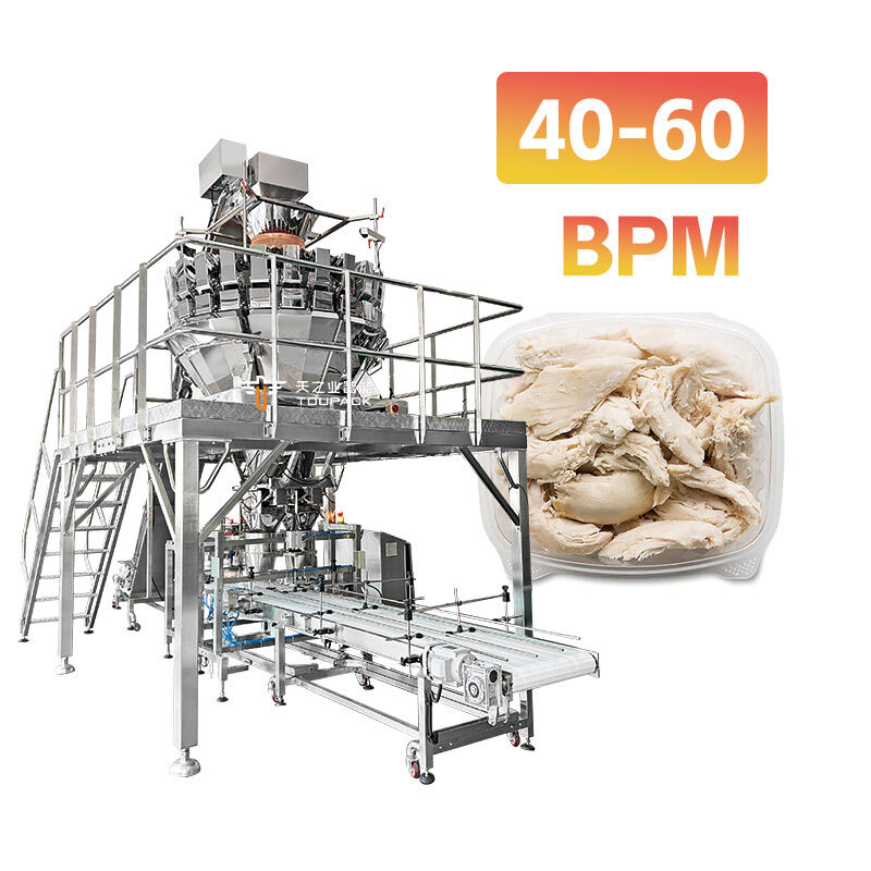粘着性のある肉用の高精度スクリューマルチヘッド計量機を備えたオールインワン自動トレイデンネスティングおよび充填ライン