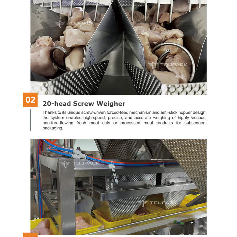 粘着性のある肉用の高精度スクリューマルチヘッド計量機を備えたオールインワン自動トレイデンネスティングおよび充填ライン